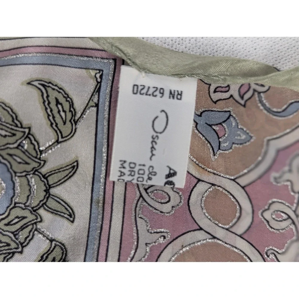 Oscar de la Renta Silk Scarf Floral Paisley Green Pink Blue Japan VTG Grandma